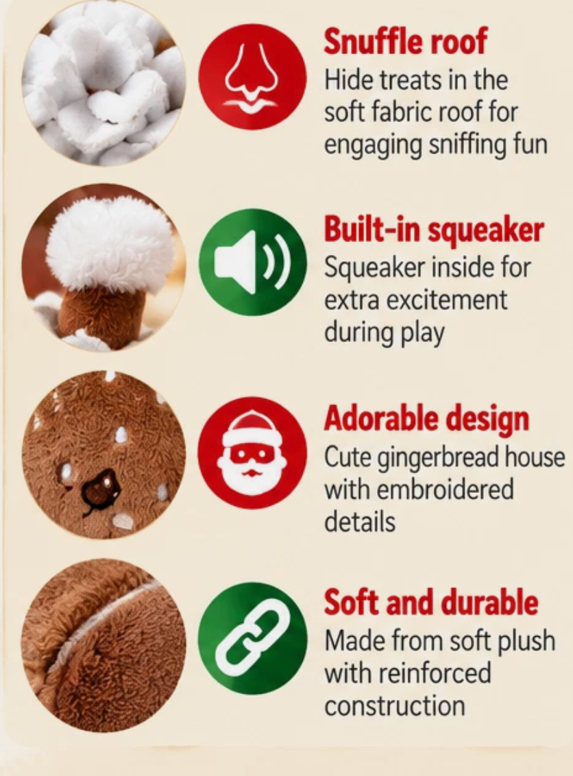 Happy Pet Gingerbread House Snuffle Dog Toy Treat Puzzle Foraging Christmas Fun and red velvet plush dog toy