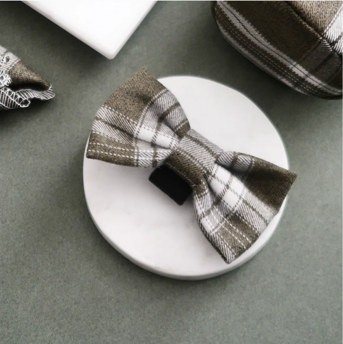 Coco Pup London Olive Check Adjustable Neck Harness, Lead & Collar ,Bow Tie