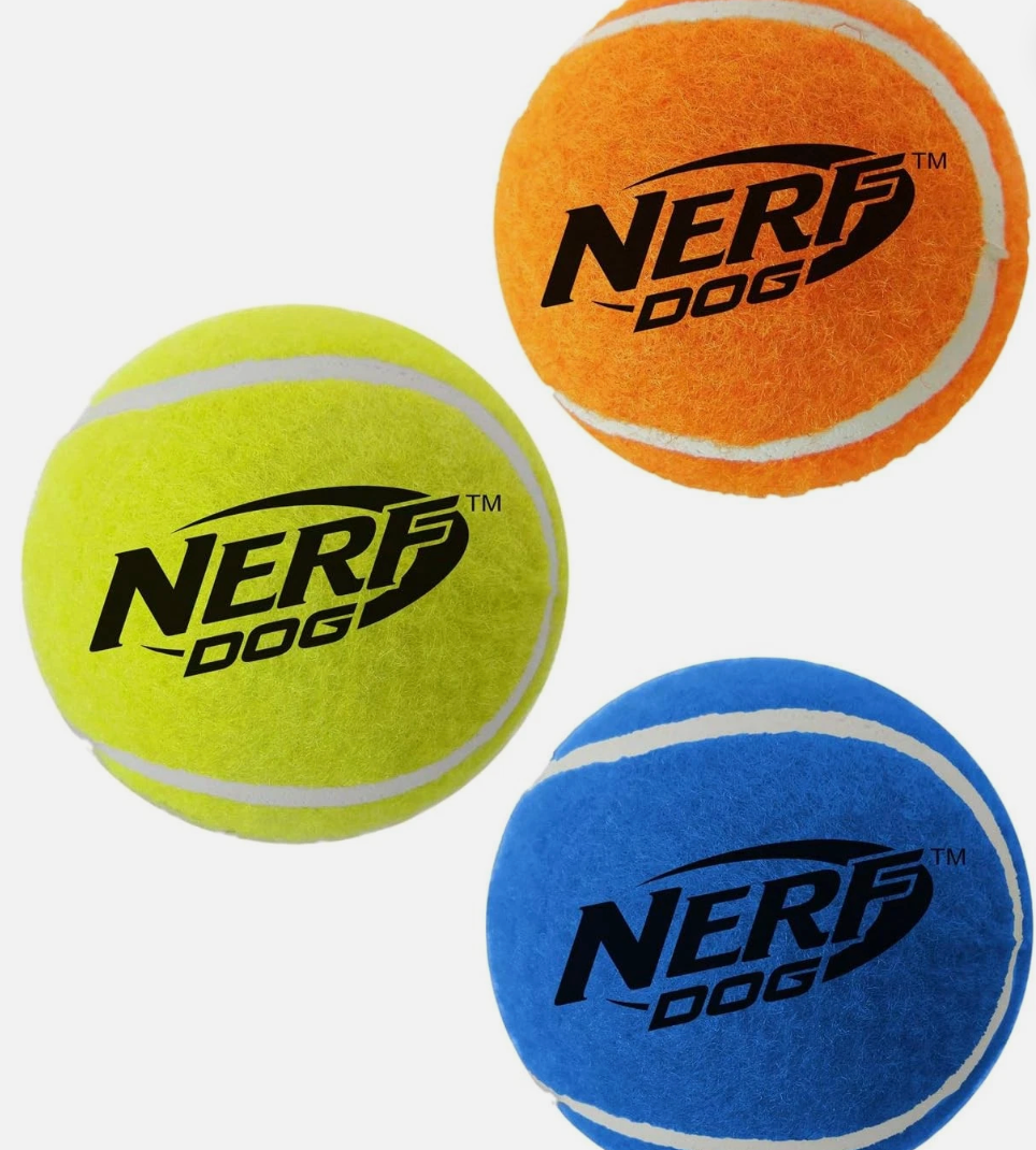 NERF Dog Squeak Tennis Balls - A pack of three brightly coloured tennis balls