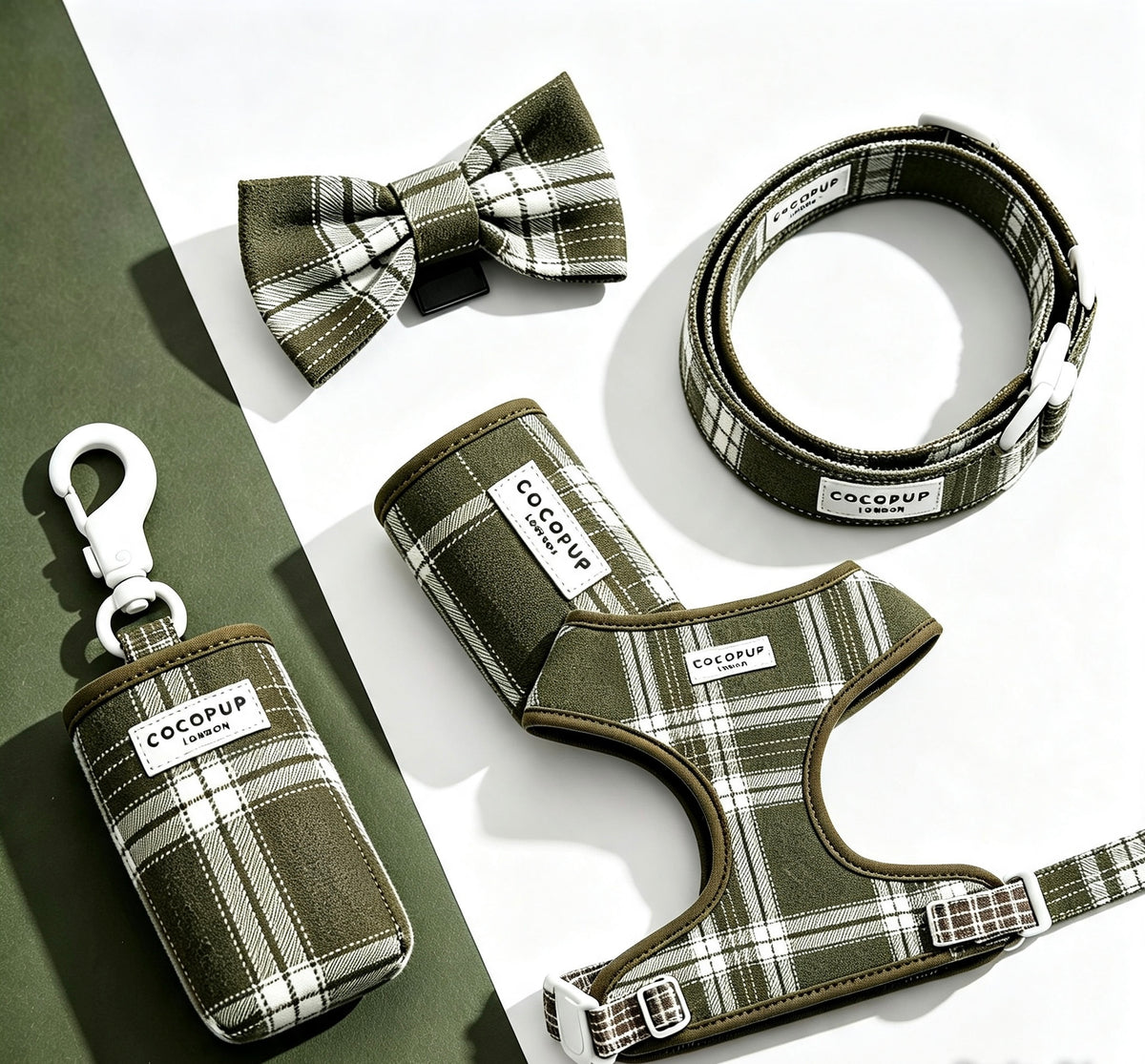 Coco Pup London Olive Check Adjustable Neck Harness, Lead & Collar ,Bow Tie