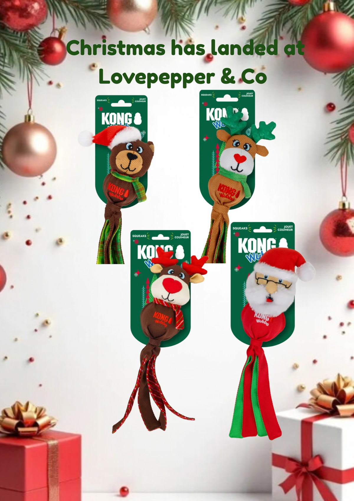 KONG Holiday Wubba collection in two sizes and four exciting characters