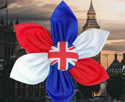 Such a striking bow tie shows British pride. And union jacks all handmade for small and large breed dogs