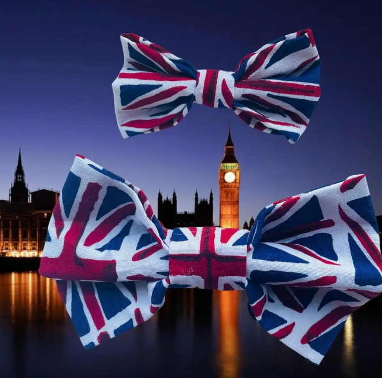 Such a striking bow tie shows British pride. And union jacks all handmade for small and large breed dogs