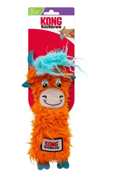 KONG Kickeroo Highland Cows are the perfect toy for your cool kitty! A bright shaggy 'do and long plush body filled with catnip