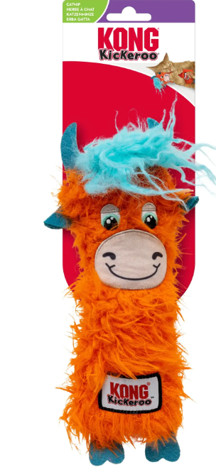 KONG Kickeroo Highland Cows are the perfect toy for your cool kitty! A bright shaggy 'do and long plush body filled with catnip
