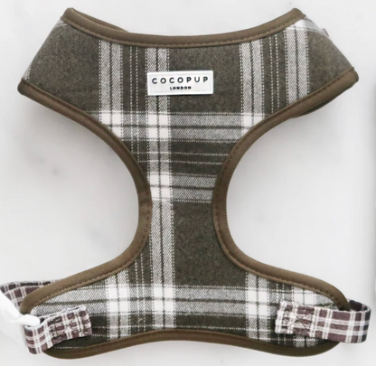 Coco Pup London Olive Check Adjustable Neck Harness, Lead & Collar ,Bow Tie