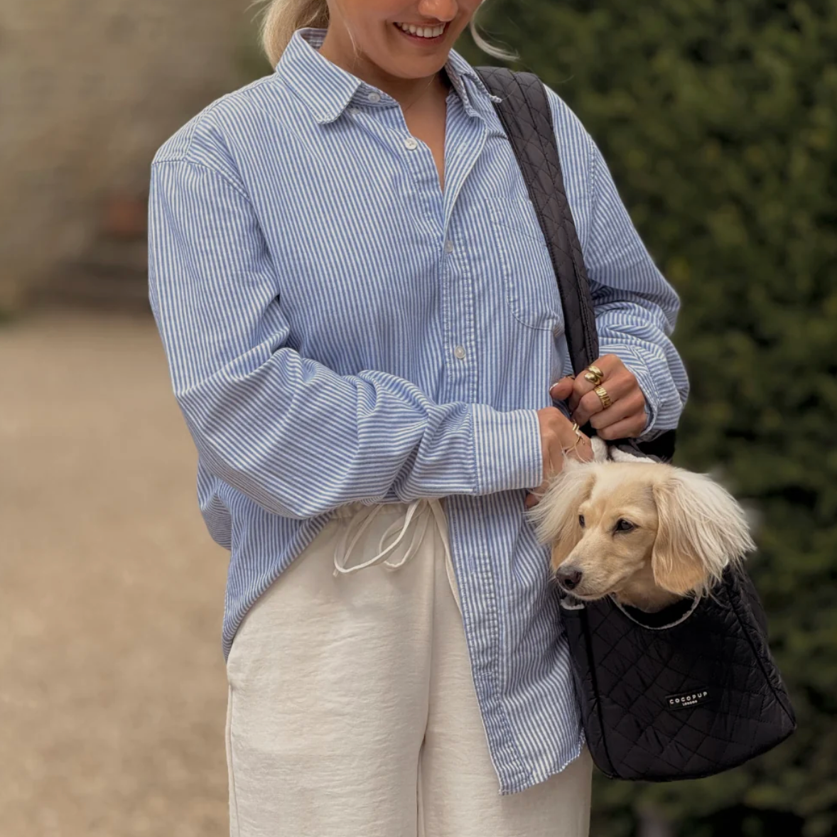 Cocopup Dog Carrier in Quilted Black.&nbsp;Combining ultimate comfort for your pup with effortless, chic functionality for you. Designed specifically for small dogs and puppies, this stylish tote-style carrier makes every outing easy.&nbsp;
