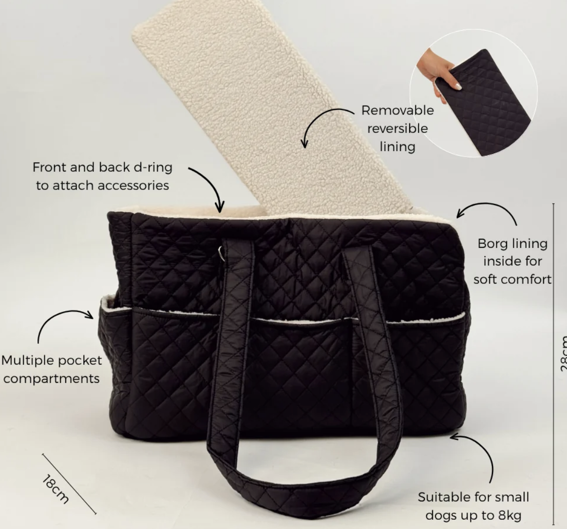 Cocopup Dog Carrier in Quilted Black.&nbsp;Combining ultimate comfort for your pup with effortless, chic functionality for you. Designed specifically for small dogs and puppies, this stylish tote-style carrier makes every outing easy.&nbsp;