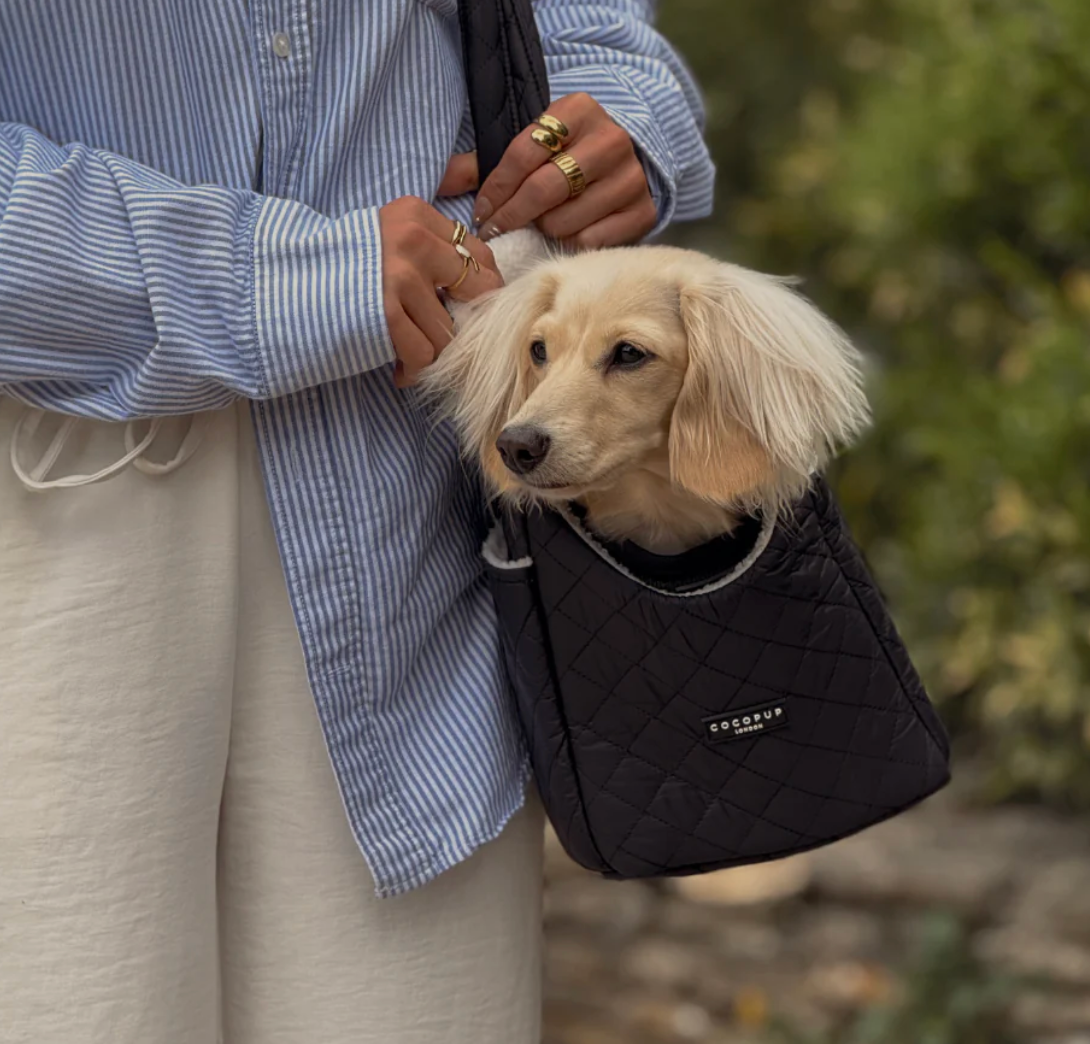 Cocopup Dog Carrier in Quilted Black.&nbsp;Combining ultimate comfort for your pup with effortless, chic functionality for you. Designed specifically for small dogs and puppies, this stylish tote-style carrier makes every outing easy.&nbsp;