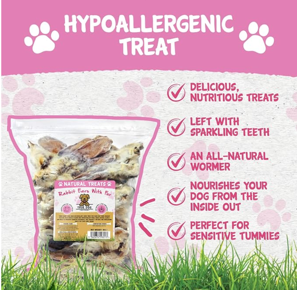 True Dog Rabbit Ears with Fur 1kg (75-85 Ears) | Premium Hypoallergenic Dog Chew Treat for Puppy, Adult & Senior, 100% Natural, Grain & Gluten Free Treat
