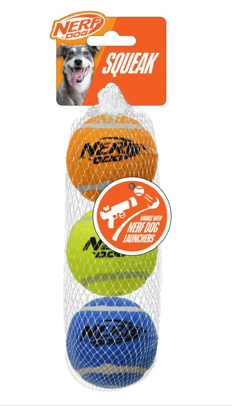NERF Dog Squeak Tennis Balls - A pack of three brightly coloured tennis balls