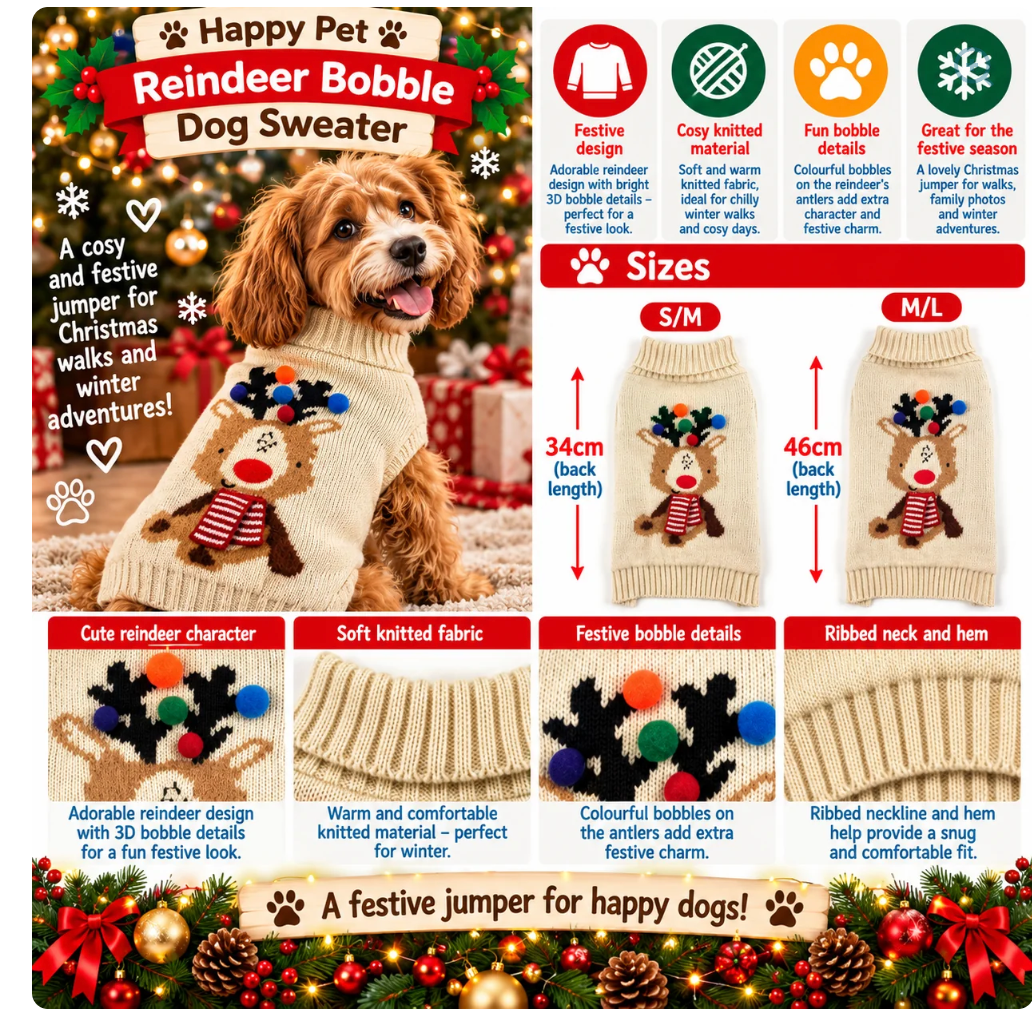 Happy Pet Reindeer Bobble Christmas Dog Sweater 🦌 Festive Knitted Jumper