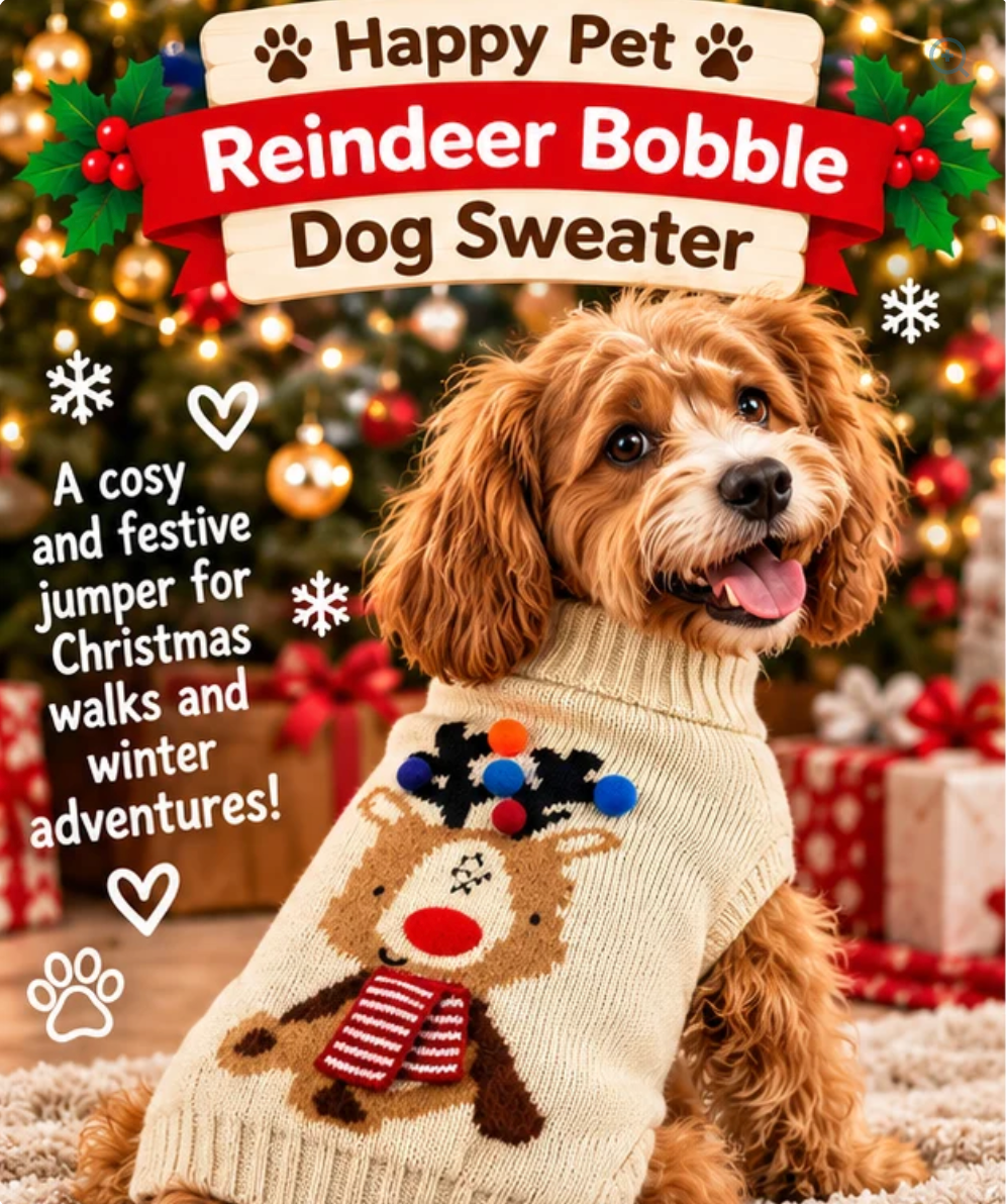 Happy Pet Reindeer Bobble Christmas Dog Sweater 🦌 Festive Knitted Jumper