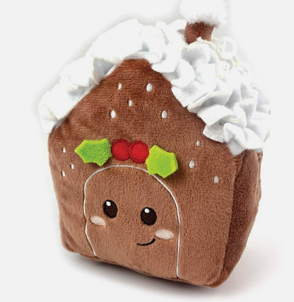 Happy Pet Gingerbread House Snuffle Dog Toy Treat Puzzle Foraging Christmas Fun and red velvet plush dog toy