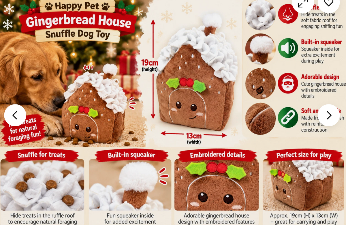 Happy Pet Gingerbread House Snuffle Dog Toy Treat Puzzle Foraging Christmas Fun and red velvet plush dog toy