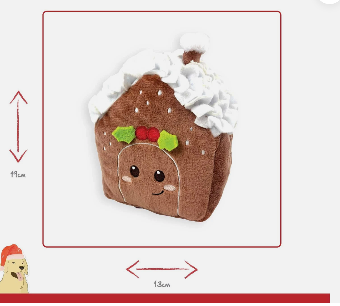 Happy Pet Gingerbread House Snuffle Dog Toy Treat Puzzle Foraging Christmas Fun and red velvet plush dog toy