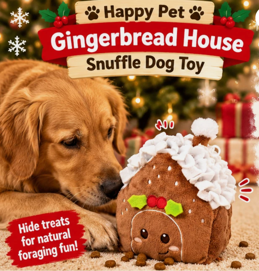 Happy Pet Gingerbread House Snuffle Dog Toy Treat Puzzle Foraging Christmas Fun and red velvet plush dog toy