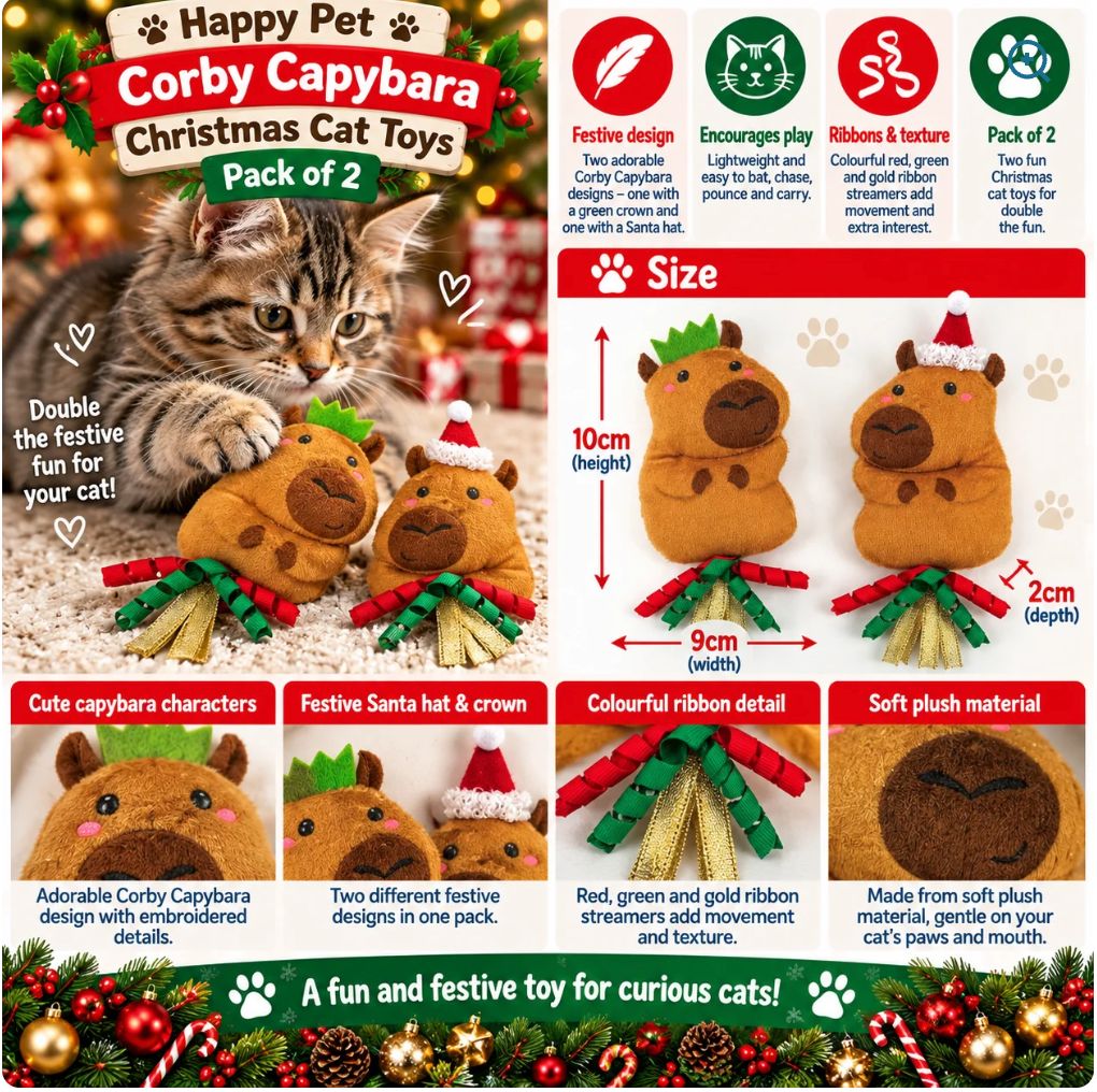 Corby Capybara  Pack of 2 Christmas Cat Toys by Happy Pet