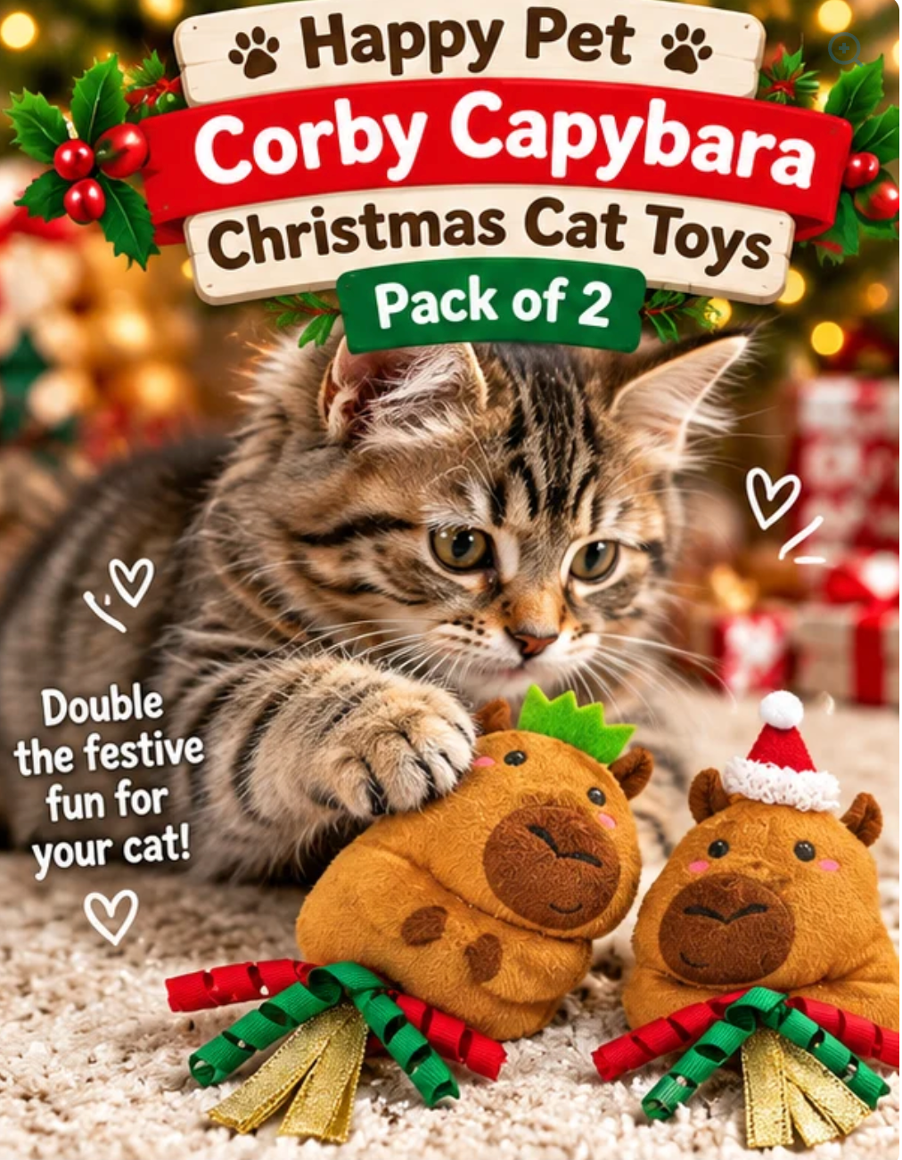 Corby Capybara  Pack of 2 Christmas Cat Toys by Happy Pet